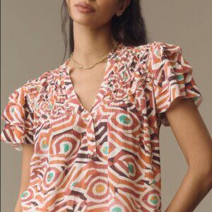 Anthropologie Maeve Short-Sleeve Ruffle Yoke Blouse Top Printed XS